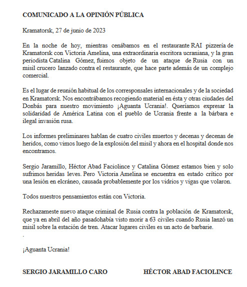 Héctor Abad y Sergio Jaramillo: heridos en bombardeo de Ucrania 1 Héctor Abad y Sergio Jaramillo: heridos en bombardeo de Ucrania Sergio Jaramillo, quien se desempeñó como Comisionado de Paz en Colombia, el escritor Héctor Abad Faciolince y Catalina Gómez resultaron heridos este martes en medio de un ataque con misiles en la ciudad de Kramatorsk, Ucrania.