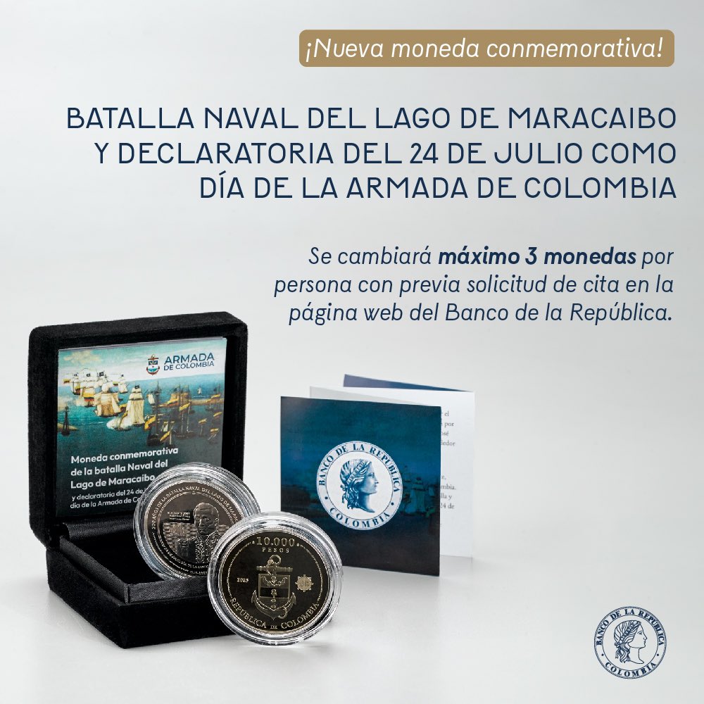 La nueva moneda conmemorativa de $10.000 que tendrá Colombia 1 La nueva moneda conmemorativa de $10.000 que tendrá Colombia De cara al bicentenario de la Batalla Naval del lago de Maracaibo, que se presentó el 24 de julio de 1823 y que propicia el Día de Armada Nacional de Colombia, el Banco de la República hizo oficial el lanzamiento de una nueva pieza conmemorativa en honor a los héroes de la patria.