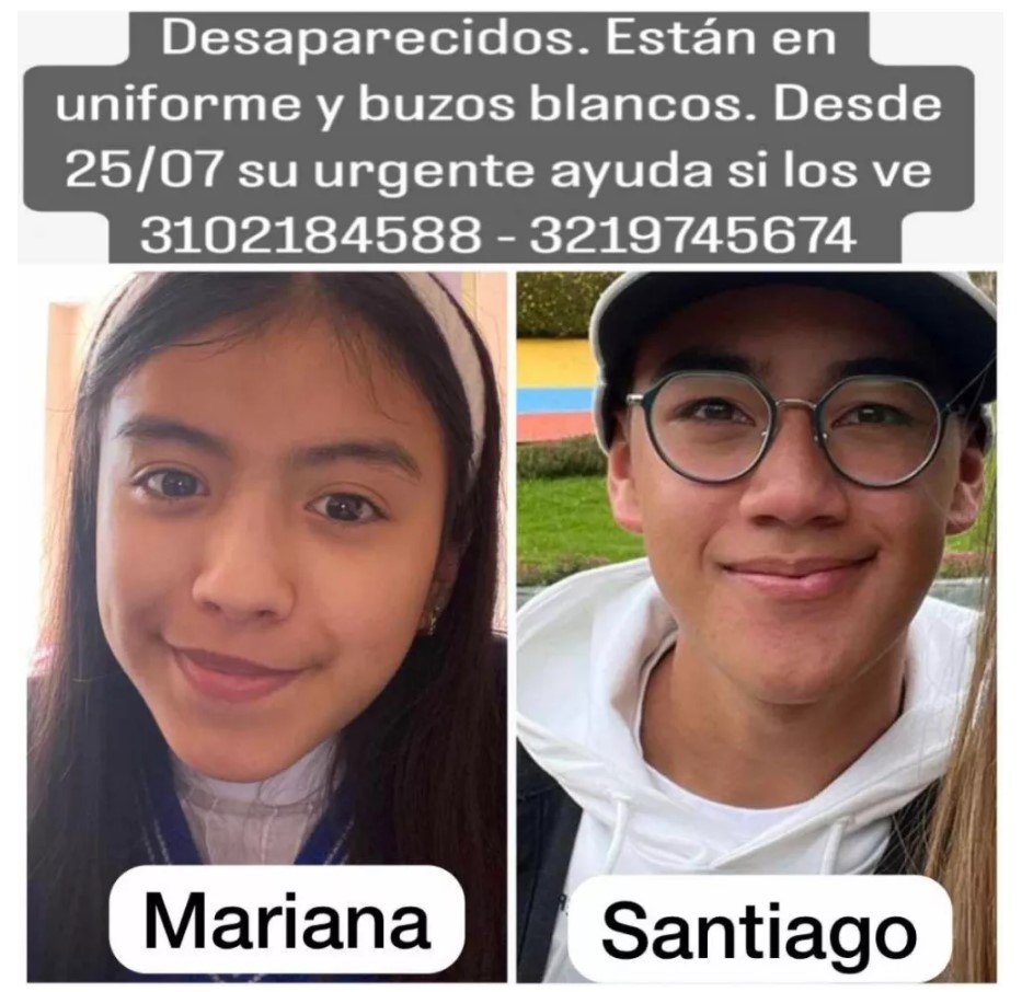 Encontraron a los niños que habían desaparecido hace 3 días en Suba Este martes 25 de julio los menores Nicol Fagua (14 años) y Santiago Caicedo (16 años) que viven en la localidad de Suba, fueron reportados como desaparecidos por parte de sus familiares, luego de que salieran de un conjunto residencial en el barrio La Campiña, y desde ese momento no se sabía nada más de ellos.