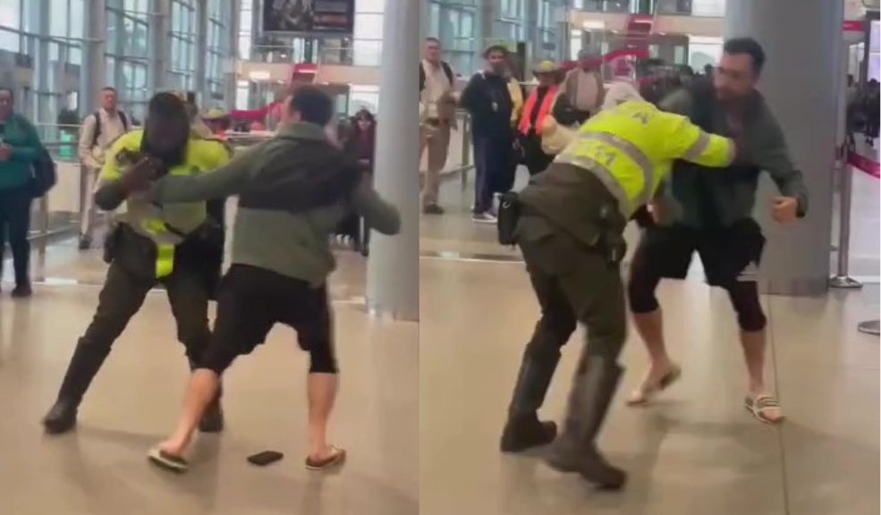 En video quedó registrada la brutal golpiza a un policía en El Dorado 1 En video quedó registrada la brutal golpiza a un policía en El Dorado En video quedó registrado el momento en el que un sujeto agredió brutalmente a un uniformado de la Policía al interior del aeropuerto El Dorado durante la mañana de este martes, en las imágenes se puede ver cómo el policía intenta defenderse de los ataques, pero el hombre enfurecido lo agrede en repetidas ocasiones.