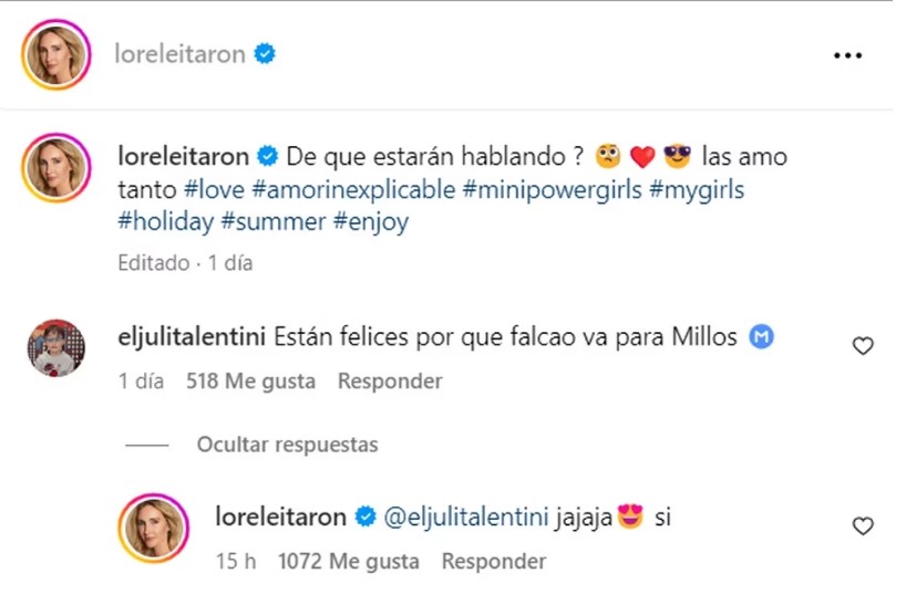 El mensaje de la esposa de Falcao García que ilusiona a los hinchas de Millonarios Los hinchas de Millonarios sueñan con la llegada de Falcao García al cuadro 'Embajador', luego de que la esposa del futbolista, Lorelei Tarón, dio a entender en un mensaje que las posibilidades de ver al 'Tigre' en la Liga Betplay serían altas.