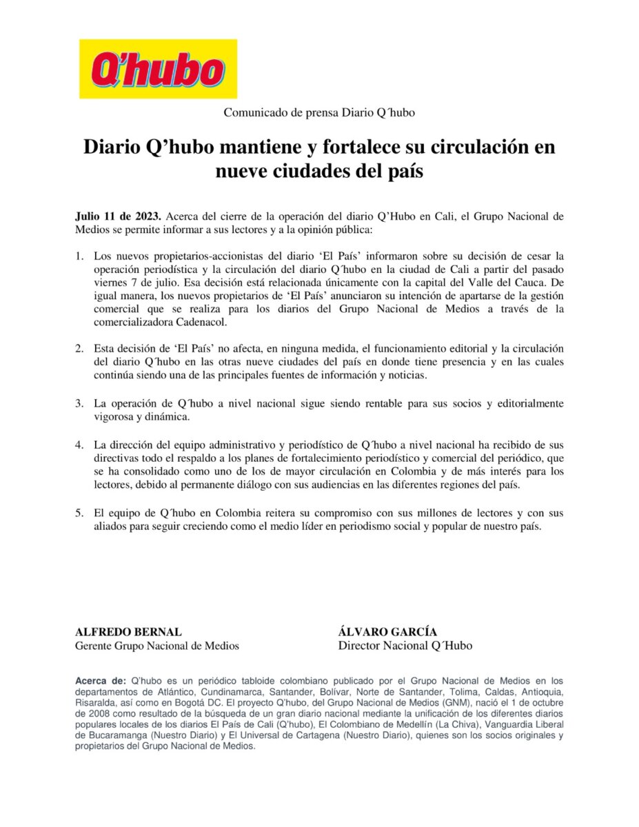 ¡Q'HUBO está más vivo que nunca! 1 ¡Q'HUBO está más vivo que nunca! Comunicado de prensa Diario Q'hubo