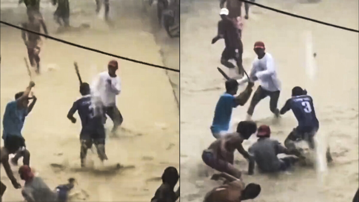 En video quedó registrada violenta riña a machete entre jóvenes Una violenta riña fue protagonizada por diez jóvenes, quienes, con machetes, se enfrentaron en medio de las inundaciones que se han presentando a causa de las fuertes lluvias de los últimos días en el Atlántico.