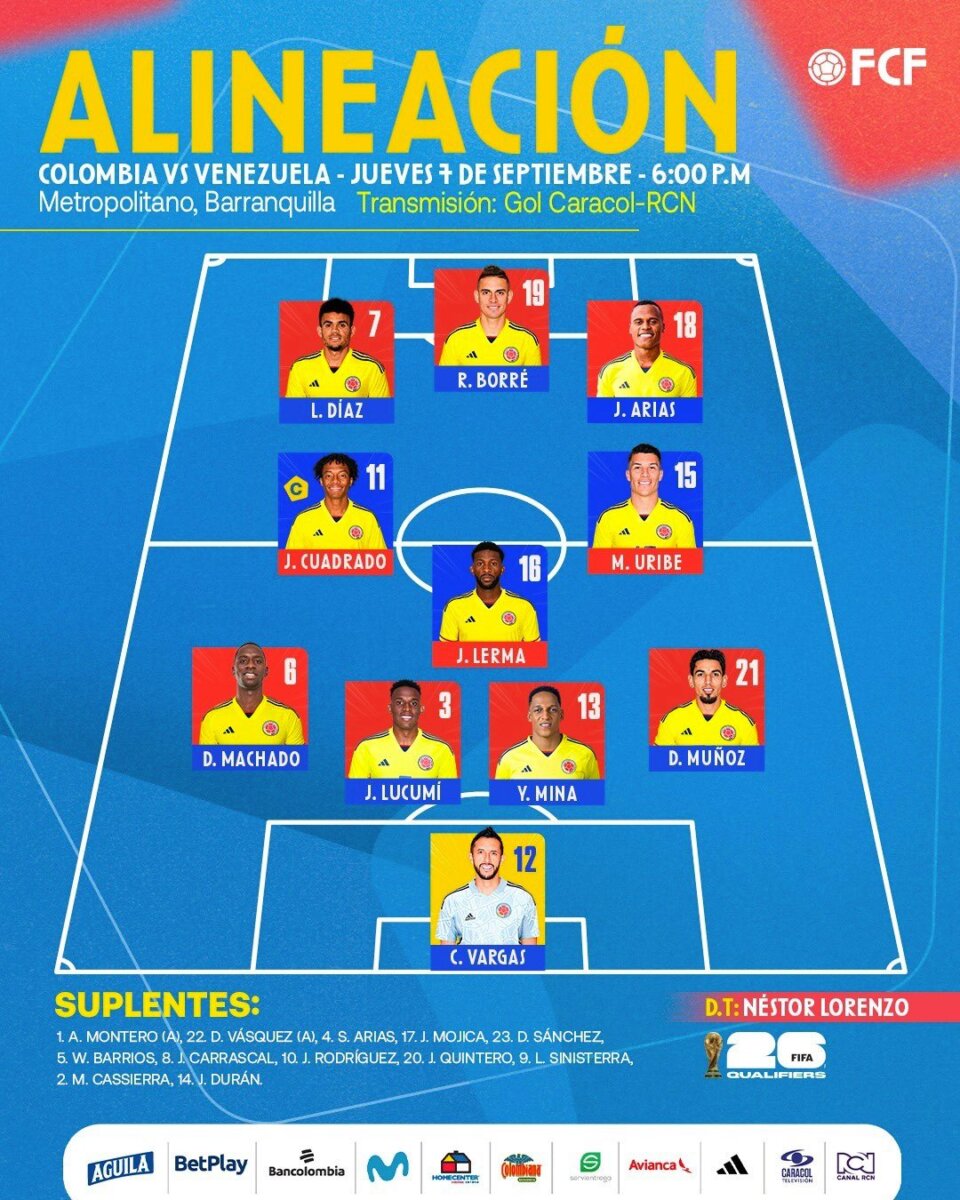Con Díaz en ataque y Vargas en el arco: así va Colombia a la cancha ante Venezuela por el juego de Eliminatoria 1 Cancha