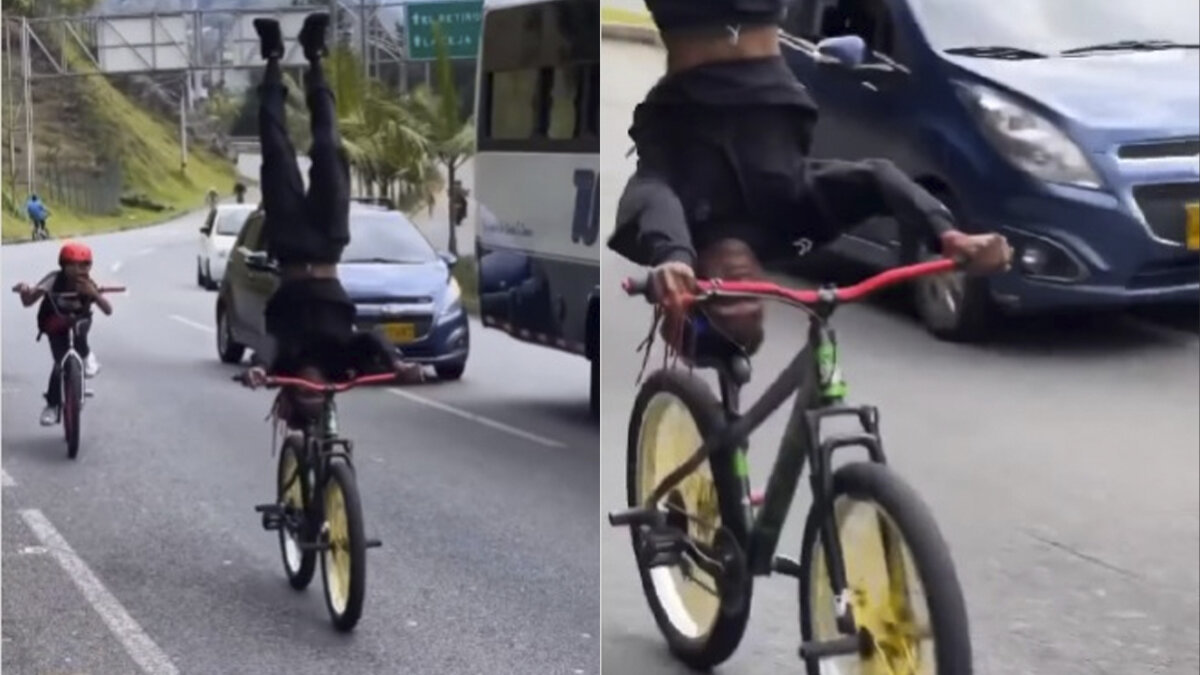 Imprudente: Joven ciclista manejó de cabeza por una vía bastante transitada En las redes sociales se ha hecho viral un video que ha despertado múltiples reacciones en redes sociales, pues se puede ver a un grupo de ciclistas bajando de manera imprudente una importante vía de Medellín, lo que ha llamado la atención es que entre ellos, hay uno que va conduciendo su bicicleta mientras está de cabeza.