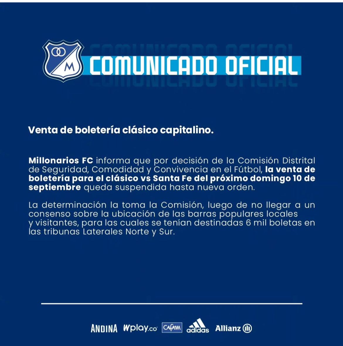 Millonarios suspende venta de boletas para el partido con Santa Fe Millonarios informó que las boletas para el clásico con Santa Fe, que se disputará el próximo domingo en El Campín, quedaron suspendidas.