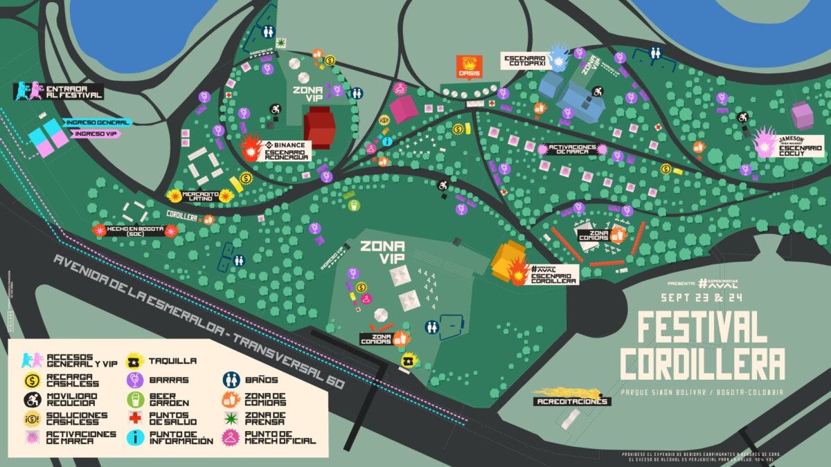 ¡No se pierda! Si va a ir al Festival Cordillera, tenga a la mano su mapa oficial A menos de una semana para el inicio de la segunda edición del Festival Cordillera, el evento publicó el mapa oficial donde estarán ubicados sus cuatro escenarios, entre otros puntos de interés. Si va a ir, téngalo a la mano. Se lo mostramos.