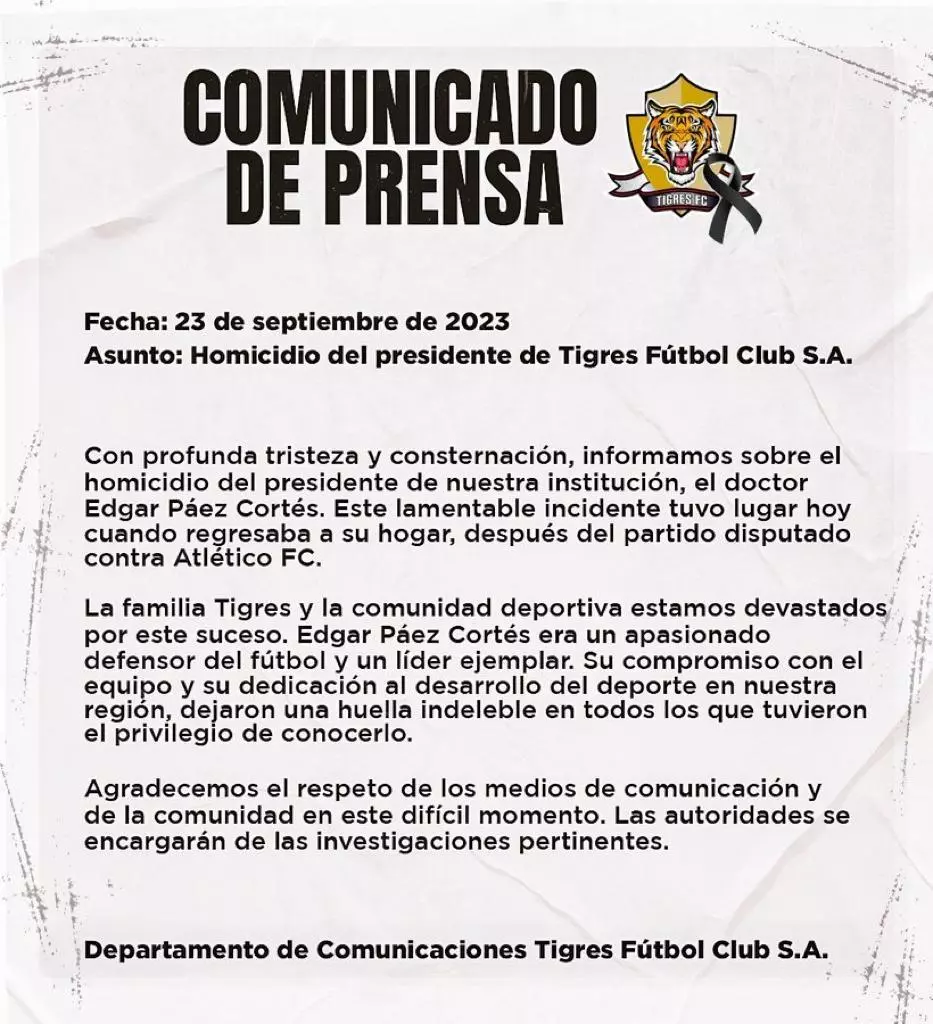 Detalles del crimen del presidente de Tigres El fútbol colombiano está de luto tras el homicidio de Edgar Páez (63 años), presidente del club Tigres de la segunda división, ocurrido en horas de la noche de este sábado. El dirigente fue baleado cuando se dirigía a su casa luego de salir de un partido de su equipo en el estadio Metropolitano de Techo, al sur de la capital.