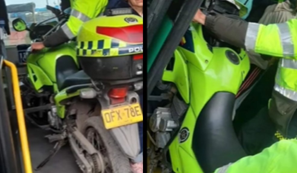 Pillan a policía subiendo su moto a TransMilenio En redes sociales está circulando una foto en la que se puede ver a un uniformado de la Policía, viajando en un bus alimentador de TransMilenio, junto a una moto de la institución. Al parecer, el uniformado se habría varado, por lo que resultó subiendo la moto al bus de servicio público.