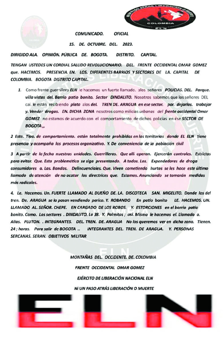Panfletos repartidos en Kennedy causan terror En medio de la zozobra y a la expectativa se encuentran los habitantes de los sectores de Patio Bonito y Vista Hermosa (Kennedy), luego de que un panfleto, presuntamente firmado por el Eln, empezara a circular entre varios grupos de la comunidad. 