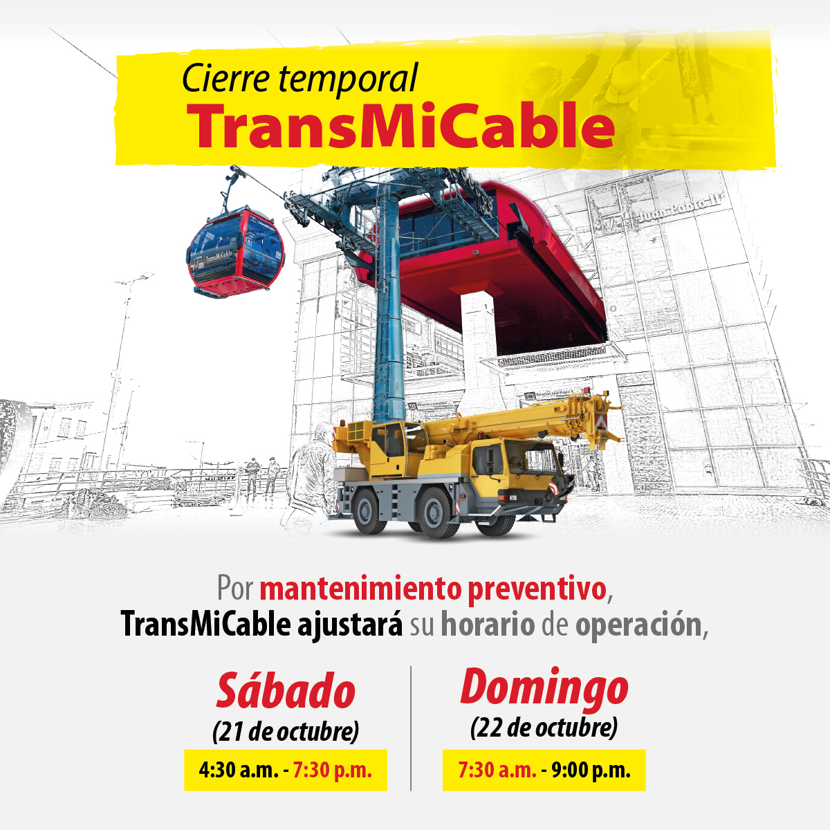 Este es el horario que tendrá TransMiCable por mantenimiento 1 Este es el horario que tendrá TransMiCable por mantenimiento TransMiCable cambiará su horario de operación durante este sábado y domingo, por mantenimiento preventivo.