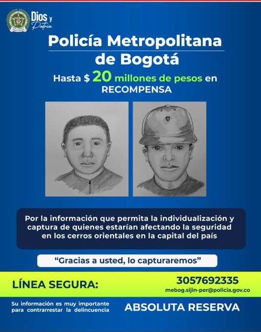 Ofrecen $20 millones por información de los asaltantes de los cerros orientales 2 Ofrecen $20 millones por información de los asaltantes de los cerros orientales La Policía Metropolitana de Bogotá anunció una recompensa de hasta $20 millones por información que permita la captura de los hombre que asaltaron al actor Juan Pablo Raba y a su hijos menores de edad en los cerros orientales de la capital.