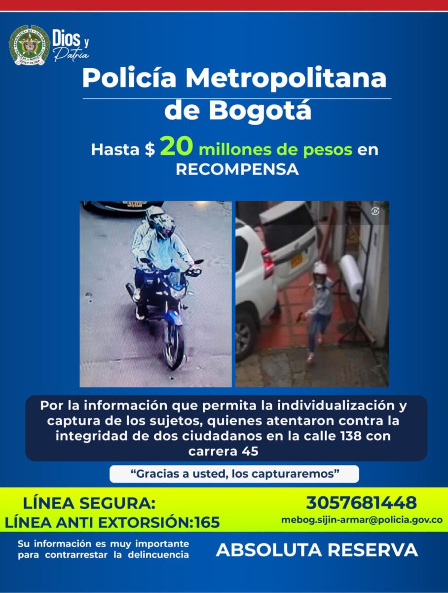 Policía ofrece $20 millones por sicarios de tiroteo en el barrio Alcalá 1 Policía ofrece $20 millones por sicarios de tiroteo en el barrio Alcalá Las autoridades lograron obtener las primeras imágenes de los presuntos sicarios que dispararon en inmediaciones de la estación de Transmilenio Alcalá y se encuentran ofreciendo una recompensa de hasta 20 millones de pesos por su paradero.