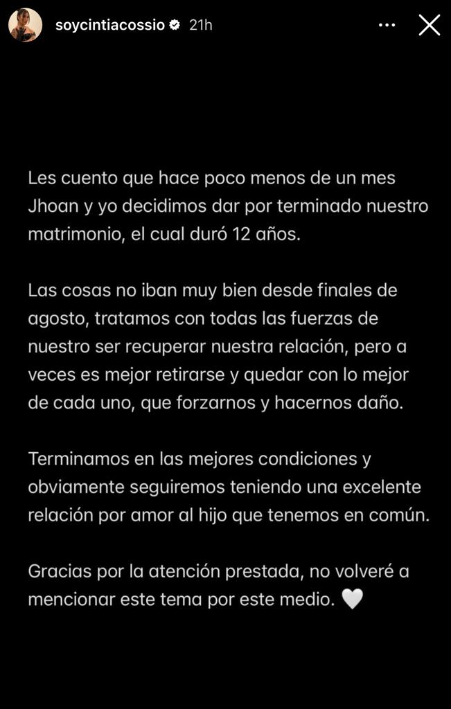 Cintia Cossio se separa de Jhoan López Cintia Cossio anunció su separación de Jhoan López luego de 12 años de matrimonio.