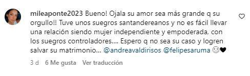 Aseguran que Andrea Valdiri no soportó a los padres de Felipe Saruma 1 Aseguran que Andrea Valdiri no soportó a los padres de Felipe Saruma Usuarios en redes sociales han señalado que Andrea Valdiri no se llevaba bien con sus suegros santandereanos y que los papás de Felipe Saruma eran demasiado controladores, lo que complicó el matrimonio hasta, finalmente, terminar en el divorcio de los dos influencers.