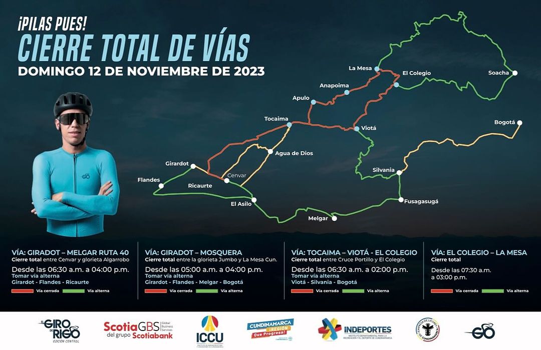 ¡Ojo! Habrá cierres viales este fin de semana por el Giro de Rigo 1 ¡Ojo! Habrá cierres viales este fin de semana por el Giro de Rigo El próximo 12 de noviembre los ciclistas correrán el Giro de Rigo entre los municipios de Girardot y Mosquera. Le contamos cuáles son las vías que tendrán afectaciones.