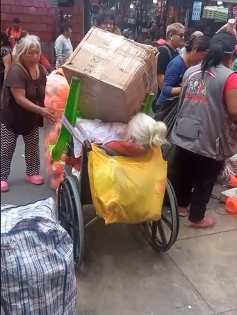 EN VIDEO: ¡Indignante! Usan a abuelita en silla de ruedas para llevar las compras Internautas criticaron un video que se ha vuelto viral en redes sociales. En este se observa como una abuelita en silla de ruedas debe soportar el peso de varios paquetes que sus acompañantes la ponen a cargar.