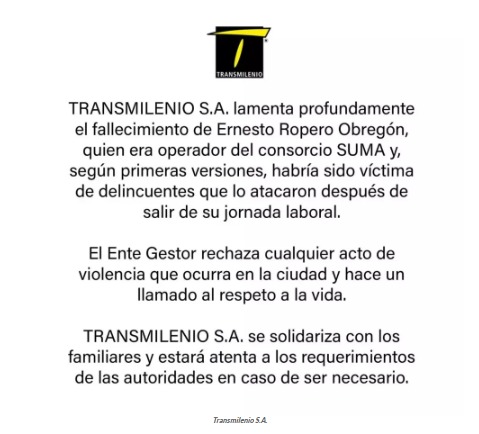 Asesinan a conductor del Sitp en medio de un atraco en Tunjuelito 2 Asesinan a conductor del Sitp en medio de un atraco en Tunjuelito Ernesto Ropero Obregón perdió la vida como consecuencia de un atraco que tuvo lugar la noche del miércoles 24 de enero.