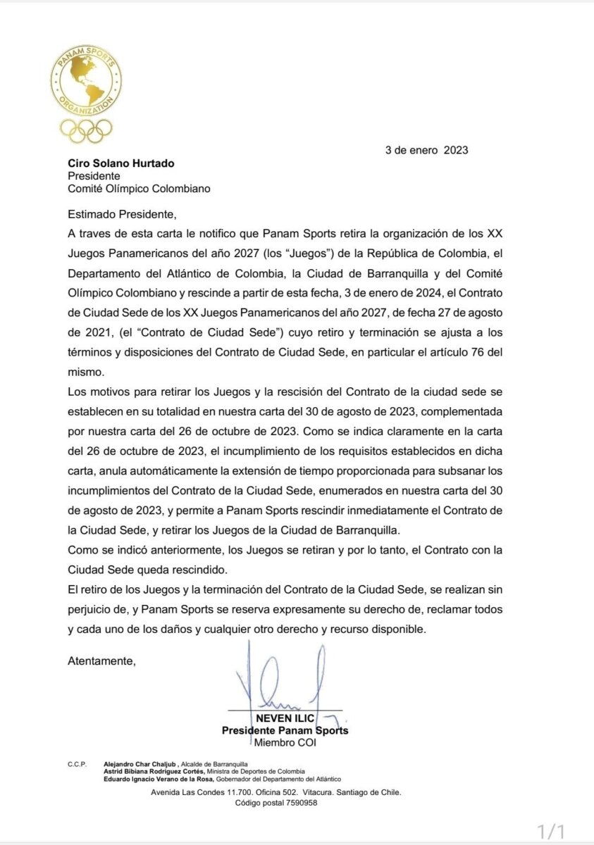 Barranquilla pierde sede de los Juegos Panamericanos del 2027 1 Barranquilla pierde sede de los Juegos Panamericanos del 2027 Se confirma que Barranquilla pierde la sede de los Juegos Panamericanos del 2027 por incumplimiento del Gobierno Nacional en los pagos.