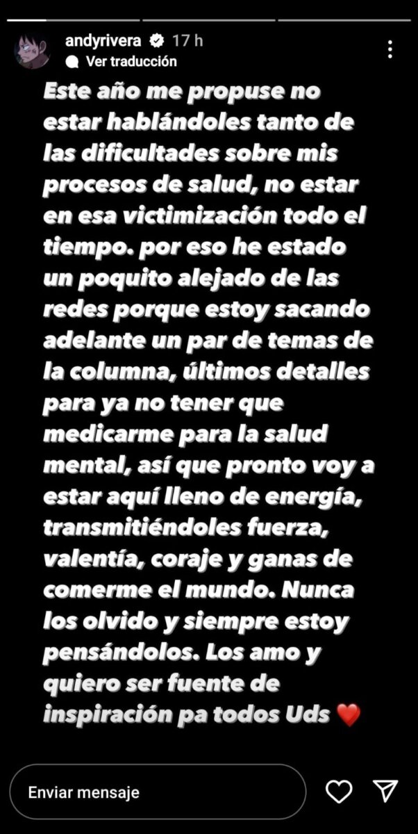 Andy Rivera confesó que le cogió "miedo al amor" Por medio de sus redes sociales, Andy Rivera se sinceró sobre sus problemas de salud mental y contó cómo está su situación sentimental.