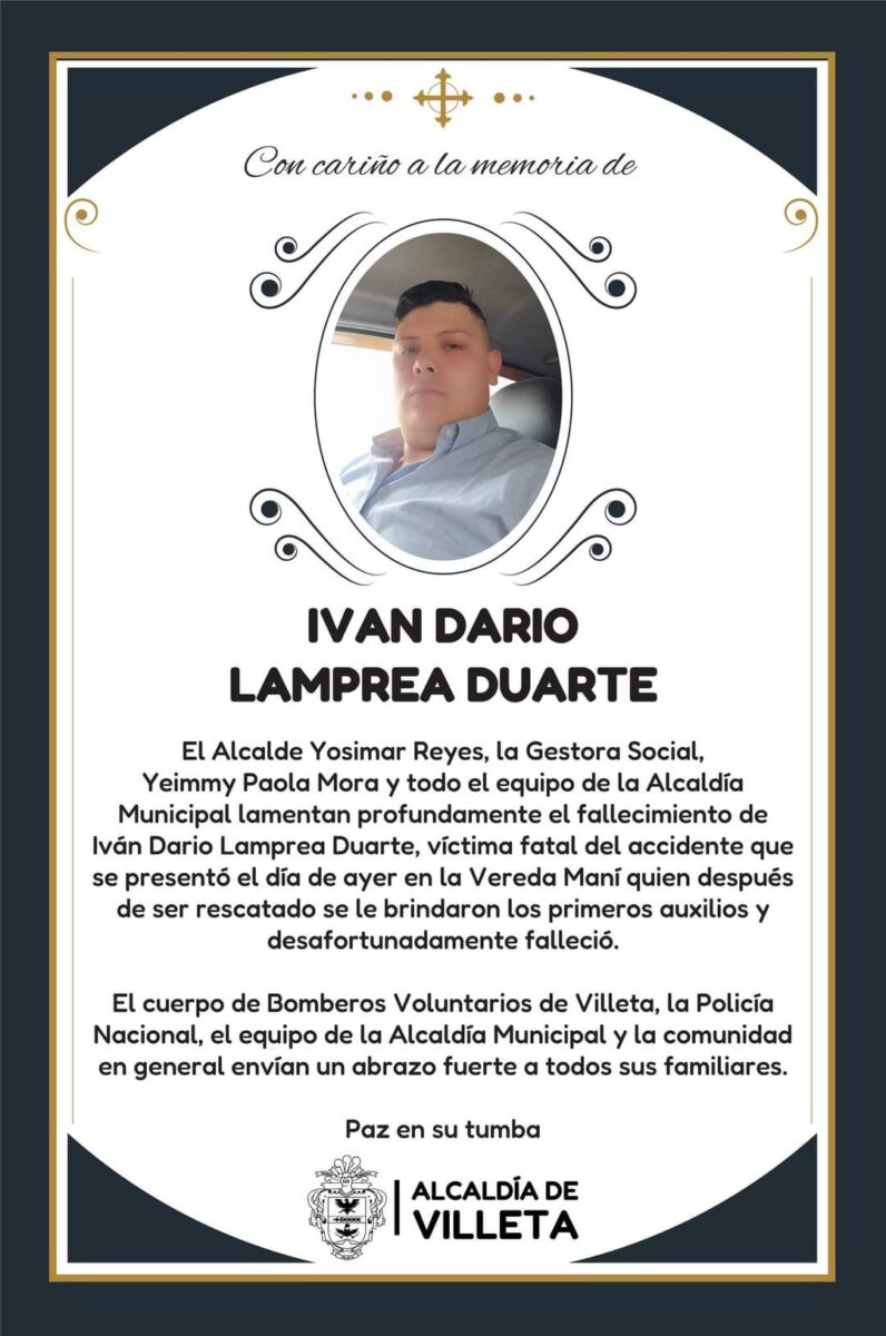Iván Lamprea es la víctima fatal de accidente en quebrada de Villeta Aunque Iván fue rescatado por los organismos de emergencia y llevado a un centro médico, lamentablemente falleció.