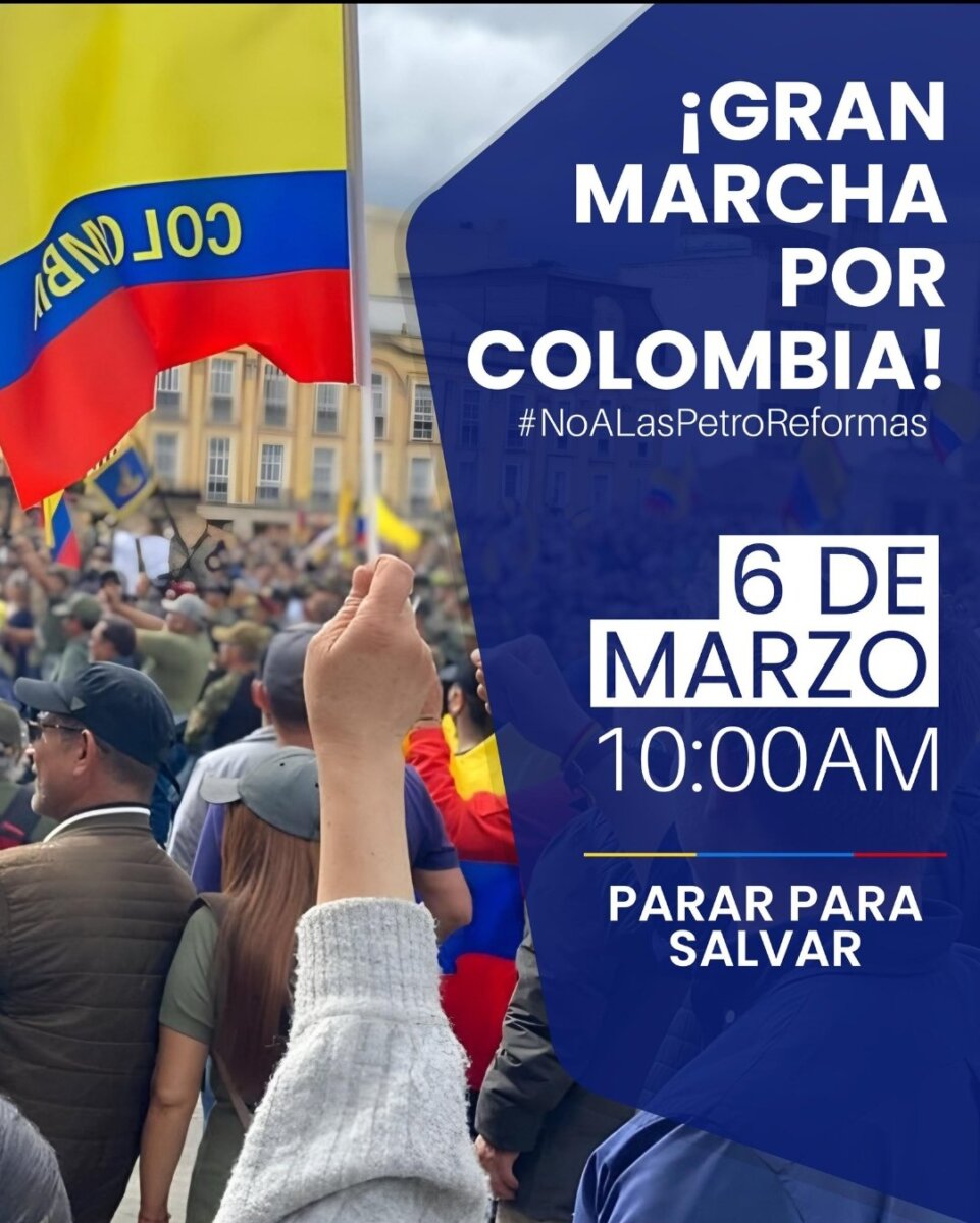 Opositores del gobierno Petro convocan a marchas el próximo 6 de marzo 2 Opositores del gobierno Petro convocan a marchas el próximo 6 de marzo La convocatoria promovida en redes sociales se desarrolla bajo el lema "Las mil razones para decir no más Petro". Aunque por el momento no se han definido puntos de encuentro ni horarios, se dice que se pretende defender el supuesto "deterioro de la democracia, la economía, la seguridad y la salud en el país".
