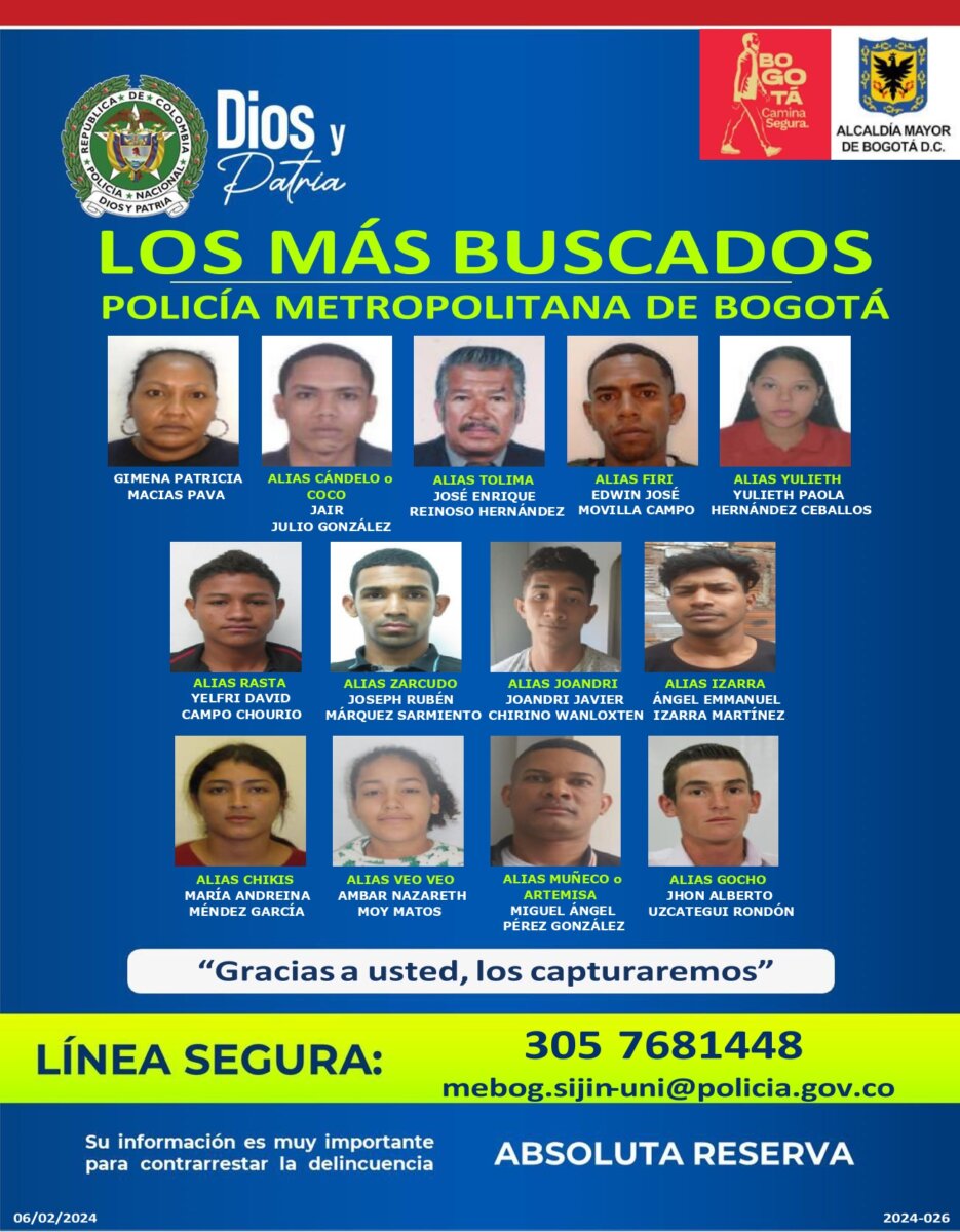 ¿Los ha visto? Estos son los bandidos más buscados por homicidio y hurto en Bogotá 1 ¿Los ha visto? Estos son los bandidos más buscados por homicidio y hurto en Bogotá La Policía Metropolitana de Bogotá dio a conocer los carteles con las fotos de los delincuentes más buscados de Bogotá por homicidio y hurto.