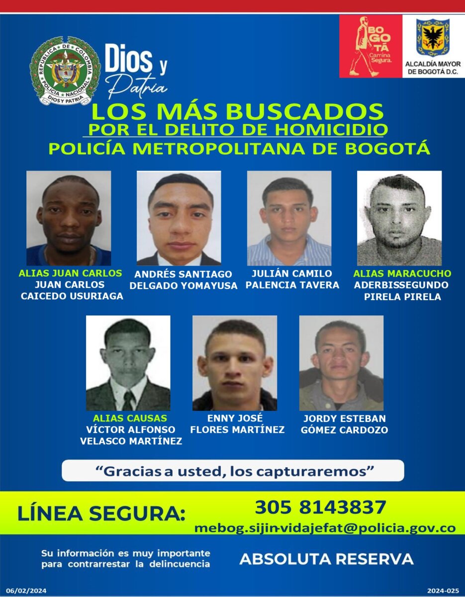 ¿Los ha visto? Estos son los bandidos más buscados por homicidio y hurto en Bogotá 2 ¿Los ha visto? Estos son los bandidos más buscados por homicidio y hurto en Bogotá La Policía Metropolitana de Bogotá dio a conocer los carteles con las fotos de los delincuentes más buscados de Bogotá por homicidio y hurto.