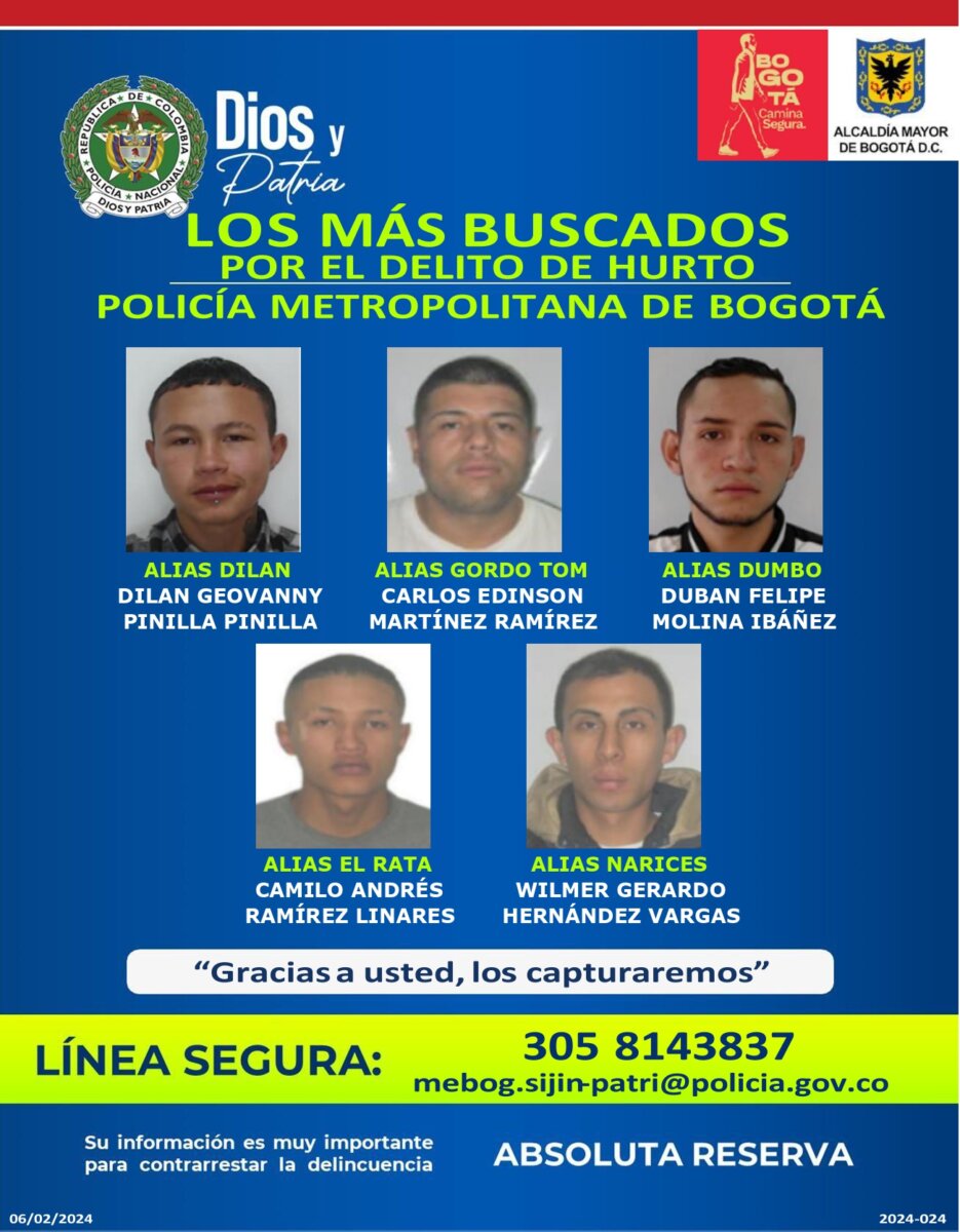 ¿Los ha visto? Estos son los bandidos más buscados por homicidio y hurto en Bogotá 3 ¿Los ha visto? Estos son los bandidos más buscados por homicidio y hurto en Bogotá La Policía Metropolitana de Bogotá dio a conocer los carteles con las fotos de los delincuentes más buscados de Bogotá por homicidio y hurto.