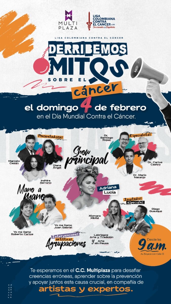 ¡Prográmese! Así será el evento para derribar los mitos sobre el cáncer en Bogotá 1 ¡Prográmese! Así será el evento para derribar los mitos sobre el cáncer en Bogotá En el marco del Día Mundial Contra el Cáncer, el cual se conmemora el próximo 4 de febrero, la Liga Colombiana Contra el Cáncer estará realizando un evento con varios artistas y especialistas para derribar los mitos más comunes sobre esta enfermedad.
