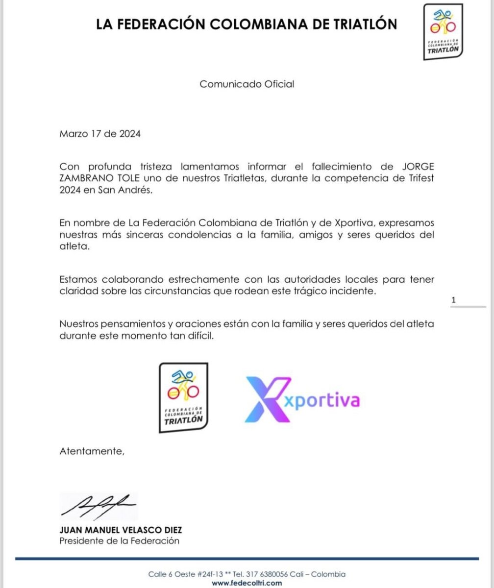Conmoción por muerte de triatleta en medio de una competencia 2 Conmoción por muerte de triatleta en medio de una competencia La muerte de Jorge Humberto Zambrano Tole ha generado consternación entre sus allegados. El hombre falleció en San Andrés cuando participaba de una competencia de triatlón.