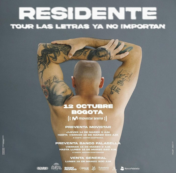 "Las letras ya no importan": Residente anuncia concierto en Bogotá 1 "Las letras ya no importan": Residente anuncia concierto en Bogotá El reconocido artista puertorriqueño, Residente, anuncia su nueva gira que pasará por los escenarios del país a finales de este año.