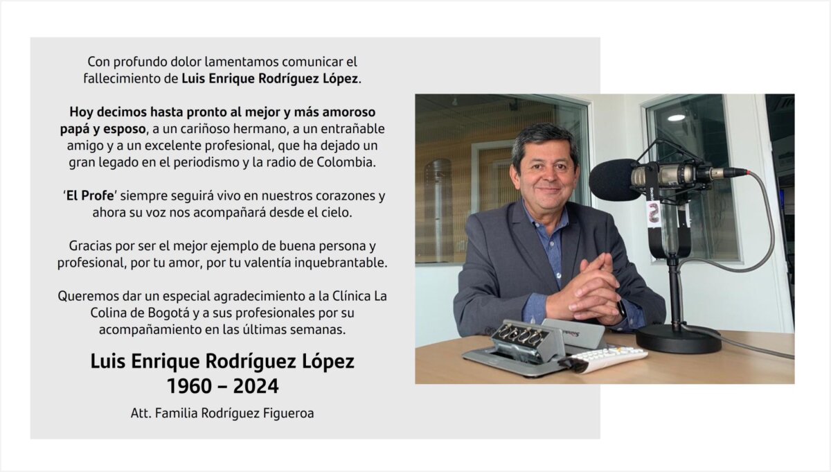 Murió Luis Enrique Rodríguez, 'El Profe', destacado periodista de la radio nacional 2 Murió Luis Enrique Rodríguez, 'El Profe', destacado periodista de la radio nacional En la tarde de este martes se conoció la muerte del periodista Luis Enrique Rodríguez López, también conocido como 'El Profe'. Su familia confirmó el fallecimiento.