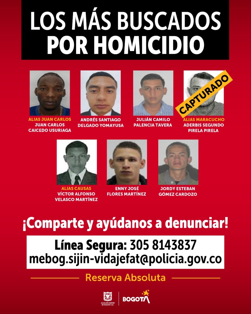 ¿Los ha visto? Estos son los delincuentes más buscados en Bogotá 1 ¿Los ha visto? Estos son los delincuentes más buscados en Bogotá La Policía Metropolitana de Bogotá ofrece recompensa de hasta 50 millones de pesos para aquellas personas que suministren información que permita la captura de 23 personas que según la Fiscalía general de la Nación, son responsables de múltiples delitos en la ciudad.