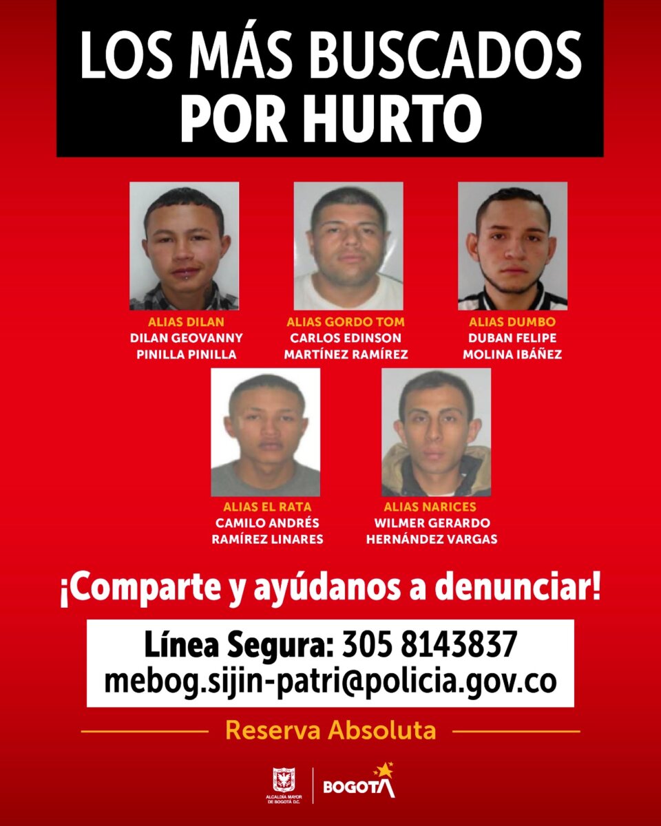 ¿Los ha visto? Estos son los delincuentes más buscados en Bogotá 2 ¿Los ha visto? Estos son los delincuentes más buscados en Bogotá La Policía Metropolitana de Bogotá ofrece recompensa de hasta 50 millones de pesos para aquellas personas que suministren información que permita la captura de 23 personas que según la Fiscalía general de la Nación, son responsables de múltiples delitos en la ciudad.