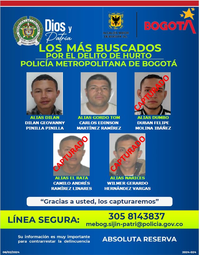 Cayó uno de los delincuentes más buscados por hurto en Bogotá 1 Cayó uno de los delincuentes más buscados por hurto en Bogotá El capturado tiene antecedentes por diversos delitos, incluyendo lesiones culposas, hurto calificado y agravado, concierto para delinquir, y uso de menores de edad para la comisión de delitos.