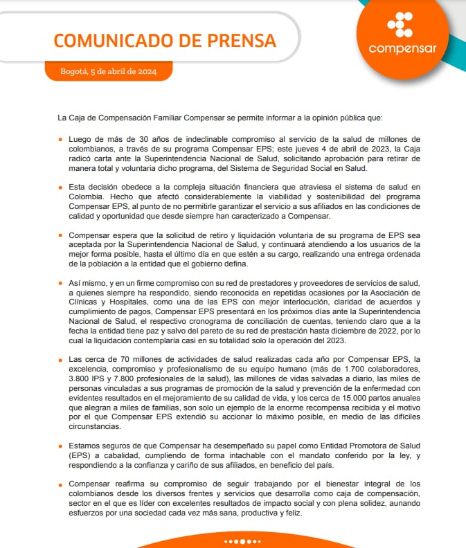 Compensar pide a la Supersalud la liquidación de su EPS de manera voluntaria 2 Compensar pide a la Supersalud la liquidación de su EPS de manera voluntaria En medio de las recientes intervenciones a Sanitas y la Nueva EPS, la Caja de Compensación Familiar Compensar solicitó hoy a la Superintendencia de Salud que su EPS sea retirada de manera "total y voluntaria" del Sistema de Seguridad Social y pidió que se dé inicio al proceso de liquidación.