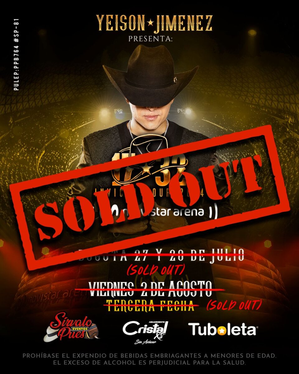 Yeison Jiménez arrasó en Bogotá: hizo sold out en su tercera fecha 1 Yeison Jiménez arrasó en Bogotá: hizo sold out en su tercera fecha Yeison Jiménez, el aclamado cantante de música popular, está dejando huella en la historia de la música colombiana con su exitoso "17/32 Invito Tour".
