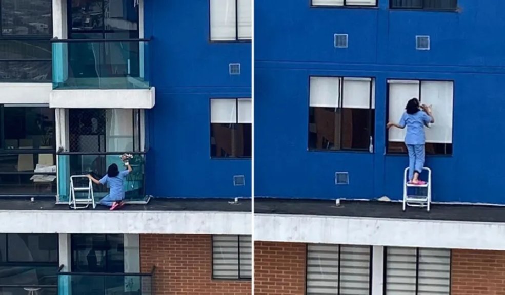 EN VIDEO: Mujer limpió ventanas de un piso 23 sin ninguna protección La escena fue registrada en un apartamento del norte de Bogotá.