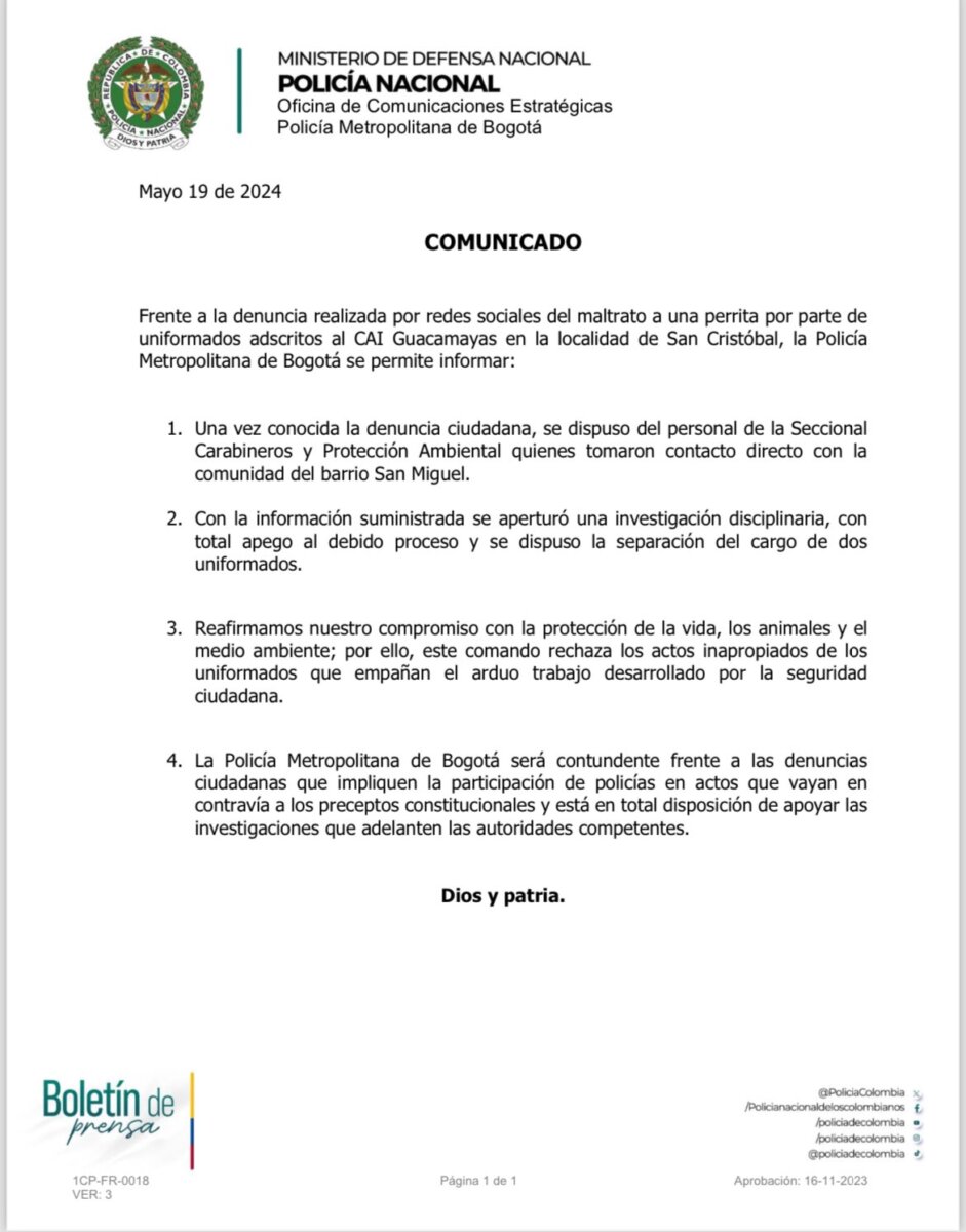 Apartan del cargo a policías que agredieron a perrita en San Cristóbal La Policía Nacional apartó del cargo a los dos uniformados que agredieron a una perrita en el sector de San Miguel, en San Cristóbal.