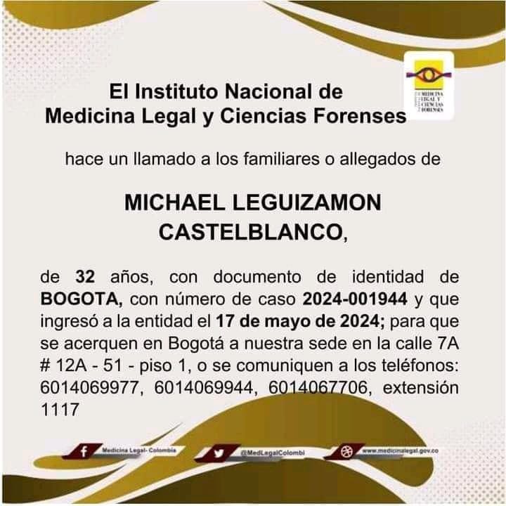 El cuerpo del feminicida de Estefanía Franco apareció en Medicina Legal: así murió 4 El cuerpo del feminicida de Estefanía Franco apareció en Medicina Legal: así murió El cuerpo sin vida de Michael Leguizamon Castelblanco, el sujeto por el que las autoridades habían ofrecido una recompensa de $20 millones por haber quitado la vida a Estefanía Franco, permanece en Medicina Legal desde el 17 de mayo.