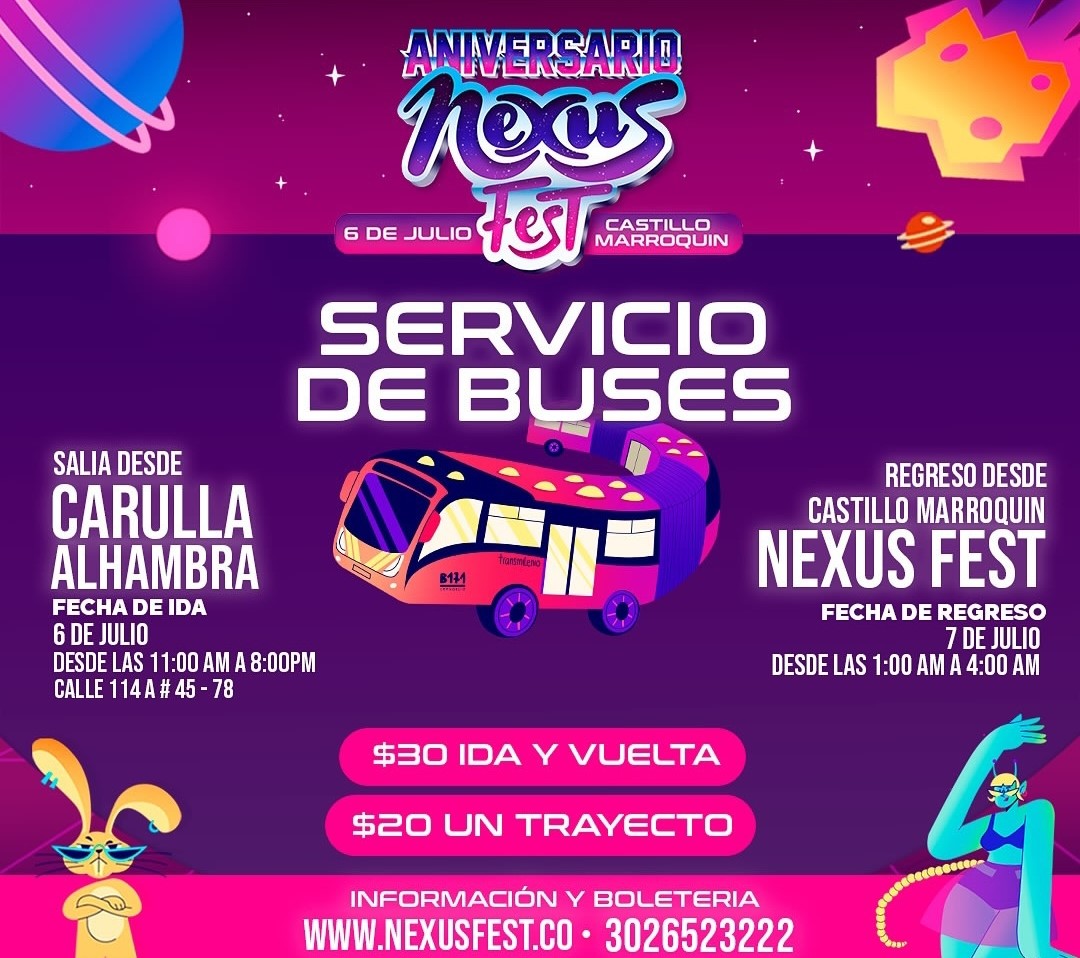 Así va a funcionar el servicio de buses para el Nexus Fest 1 Así va a funcionar el servicio de buses para el Nexus Fest Le contamos cómo puede acceder al servicio de buses del Nexus Fest el próximo 6 de julio.