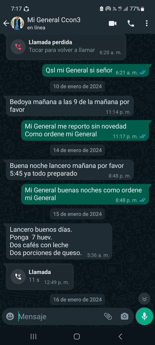General usaba a soldados para labores de su hogar 3 General usaba a soldados para labores de su hogar El general Oliveiro Pérez Mahecha, en el ojo del huracán tras filtración de unos chats, audios y videos en el que se evidencia que ponía a sus soldados a hacerle el oficio de su casa.
