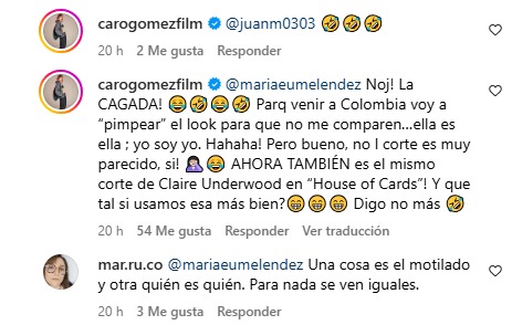 “La cagada”: Carolina Gómez reaccionó a la comparación con la primera dama por su corte 1 “La cagada”: Carolina Gómez reaccionó a la comparación con la primera dama por su corte La actriz y exreina se hizo un cambio de look bastante radical y ahora la comparan con la primera dama de la nación, Verónica Alcocer.