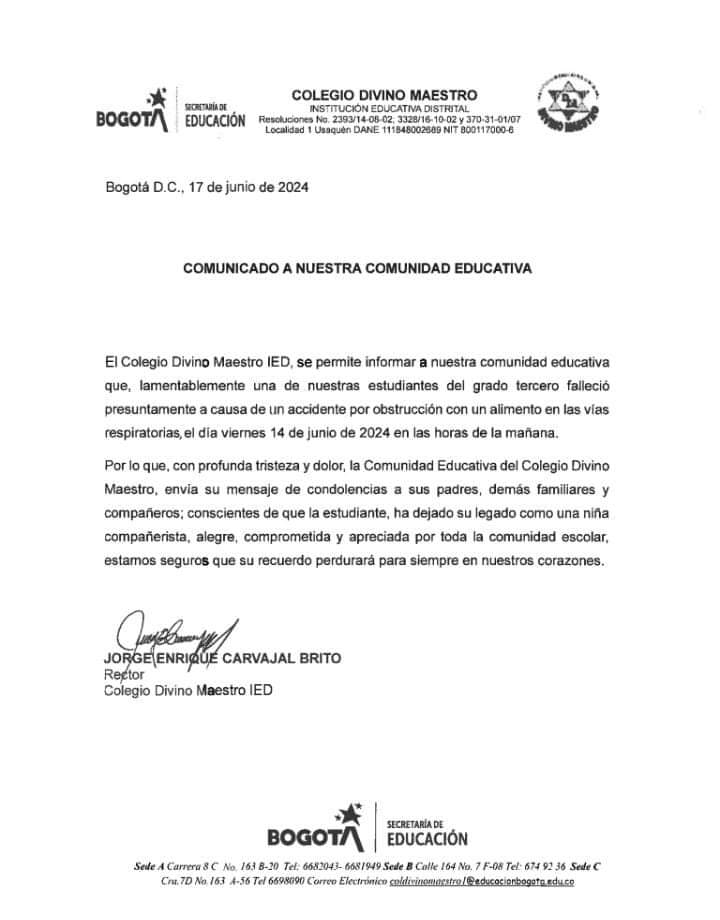 Niña murió en un colegio tras atorarse con un alimento: familia denuncia que no recibió atención 1 Niña murió en un colegio tras atorarse con un alimento: familia denuncia que no recibió atención Una niña de 10 años murió el pasado 14 de junio tras atorarse con una semilla de una fruta, mientras estaba en su colegio. Los allegados de la menor denuncian que la institución no actuó como debía.