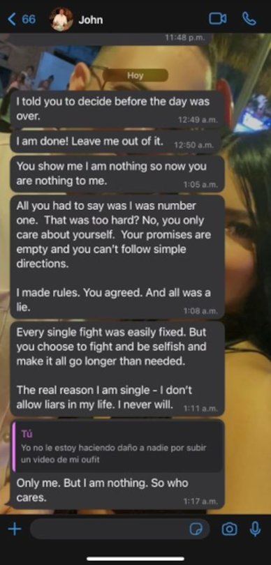 Revelan chats que evidencian las "reglas" que tenía que cumplir Valentina para estar con Poulos El libro 'Valentina, muerte y vida' reveló varias conversaciones que demuestran los maltratos que sufria Valentina durante su relación con John Poulos.