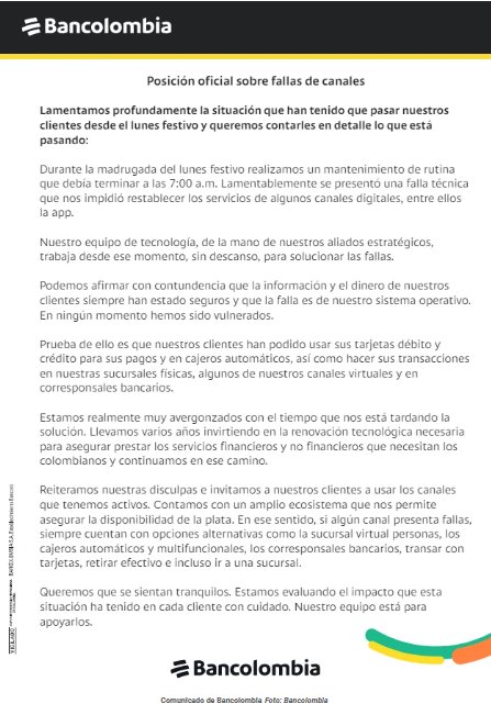 Superintendencia Financiera investigará a Bancolombia por caída de canales digitales 2 Superintendencia Financiera investigará a Bancolombia por caída de canales digitales El superfinanciero, César Ferrari, anunció que iniciarán una investigación contra Bancolombia por la caída de sus canales digitales que comenzó a reportarte en la madrugada del lunes festivo por parte de los usuarios y que fue confirmada hoy por la entidad.