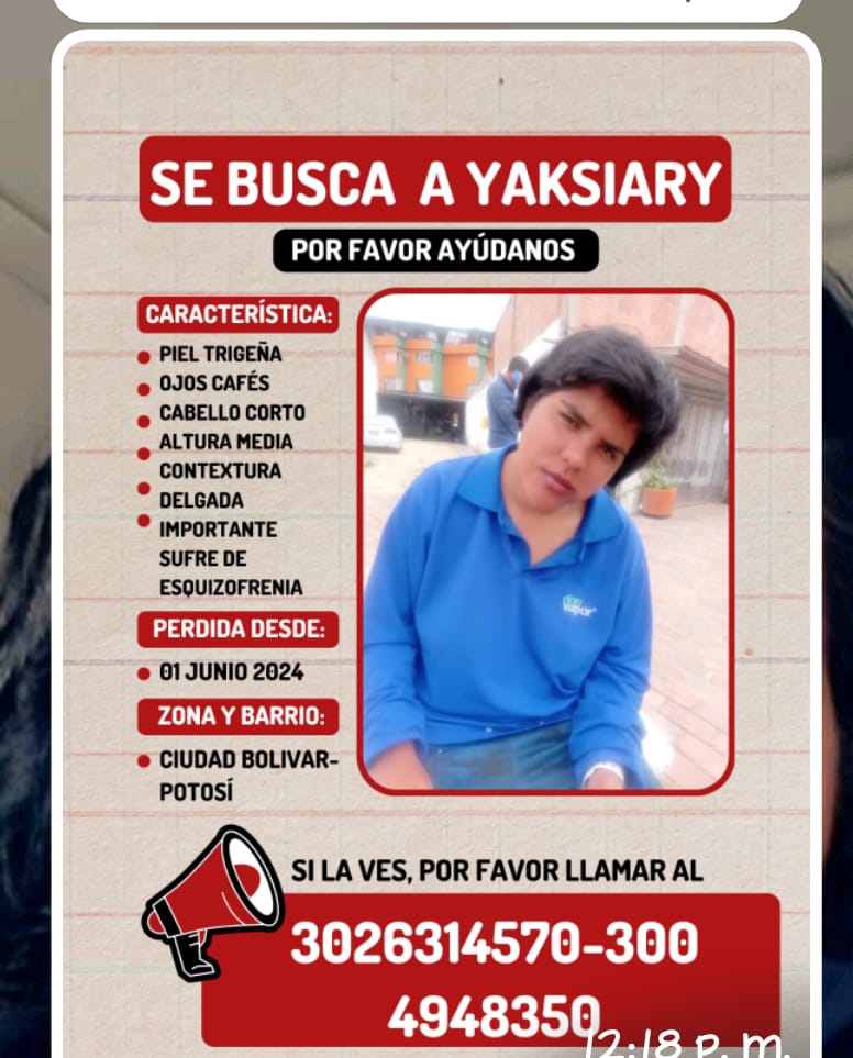 Ya son 13 días sin saber de Yaksiary 1 Ya son 13 días sin saber de Yaksiary Yaksiary, de 21 años, lleva 13 días desaparecida según denunció su familia. La joven fue vista por última vez saliendo de su casa, en el barrio Paraíso de Ciudad Bolívar.