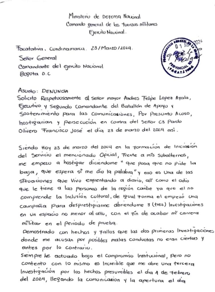 Esto dice la carta que dejó el soldado que se quitó la vida en batallón de Facatativá 1 Esto dice la carta que dejó el soldado que se quitó la vida en batallón de Facatativá Poco a poco se conocen detalles detrás de la extraña muerte de un soldado al interior de un batallón en Facatativá: esta es la carta que dejó el cabo tercero Francisco José Pardo Olivero.