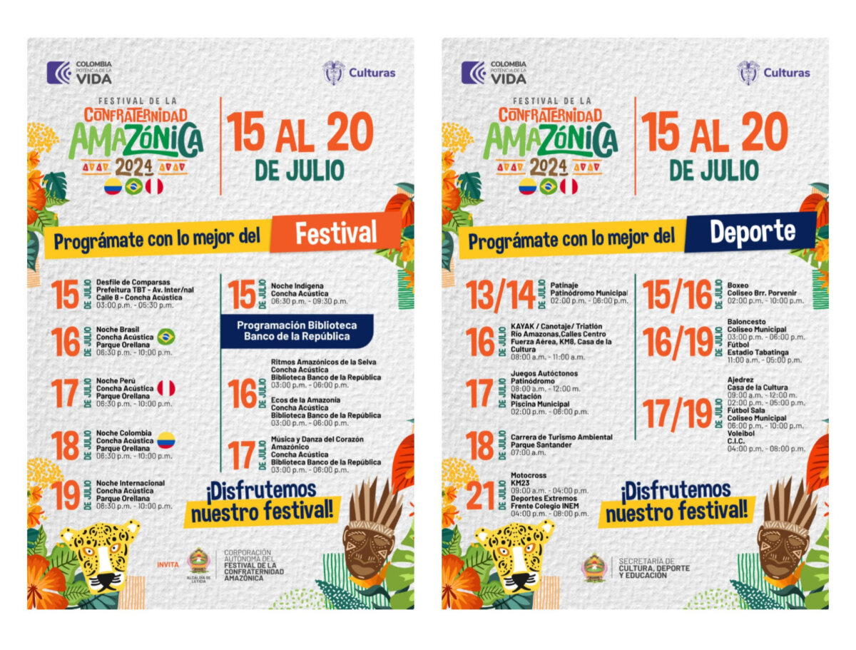 Leticia se prepara para una nueva edición del Festival de la Confraternidad Amazónica 1 Leticia se prepara para una nueva edición del Festival de la Confraternidad Amazónica Se acerca la nueva edición del festival que reúne toda la esencia cultural de Brasil, Perú y Colombia en una sola ciudad: Leticia.